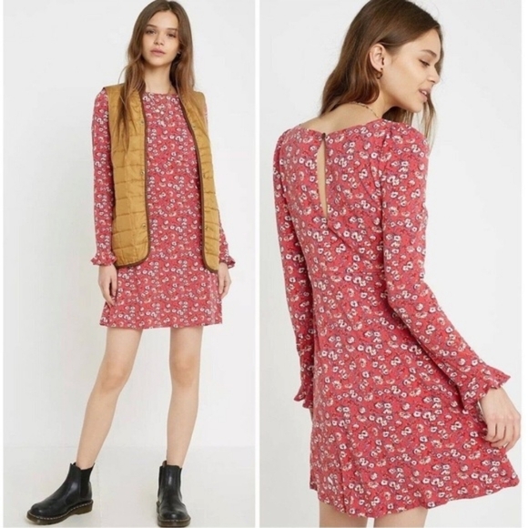 💘 Free People Say Hello Floral Mini Dress Long Sleeve Keyhole Red Ruffle Cuff - Picture 4 of 9